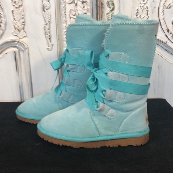 GQPY Shearling Lined Turquoise Suede Ribbon Laced Mid Calf Boot Size 36 - Picture 2 of 9